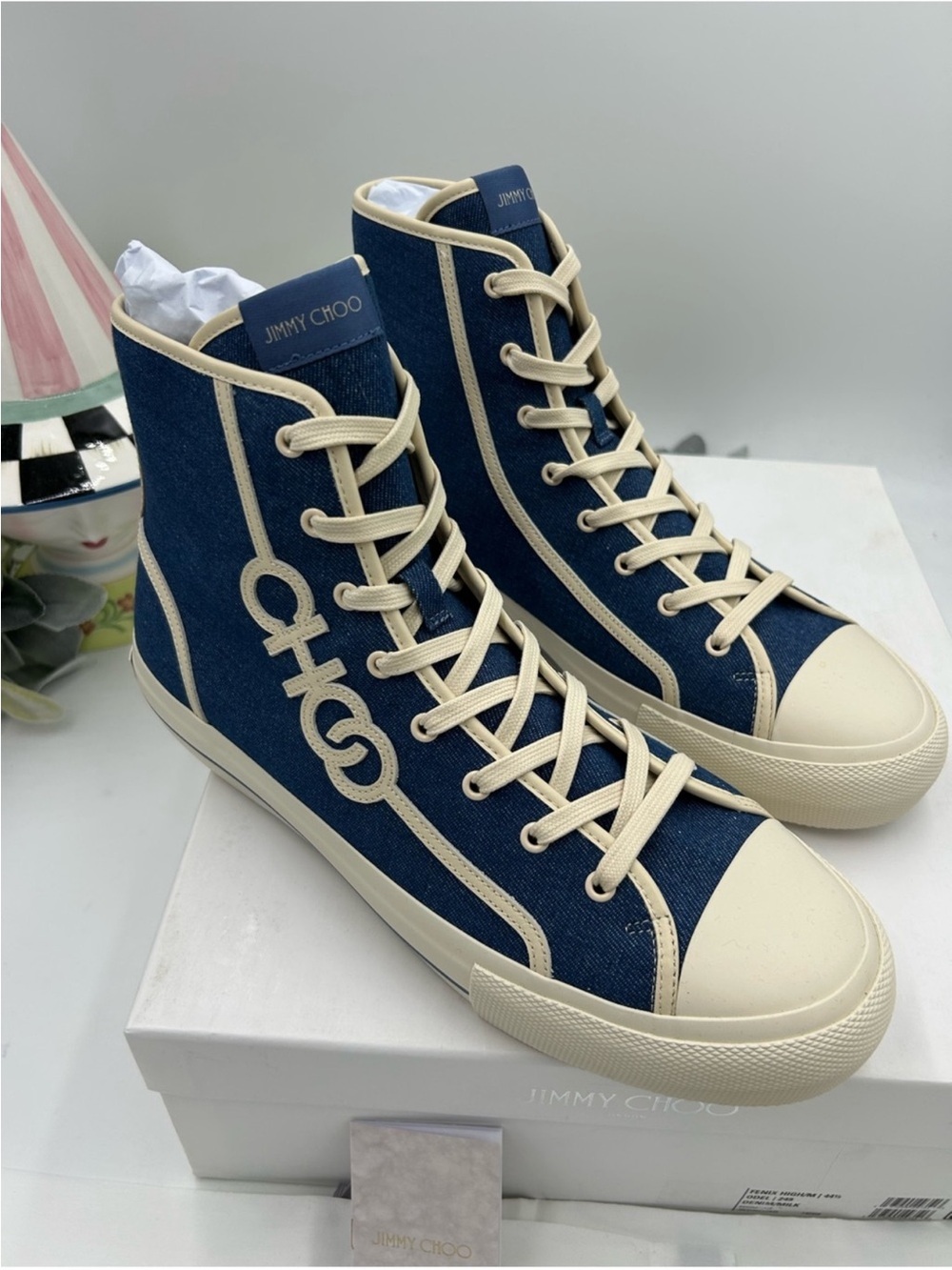 Men’s Jimmy Choo FENIX denim high top logo sneakers size 44.5
